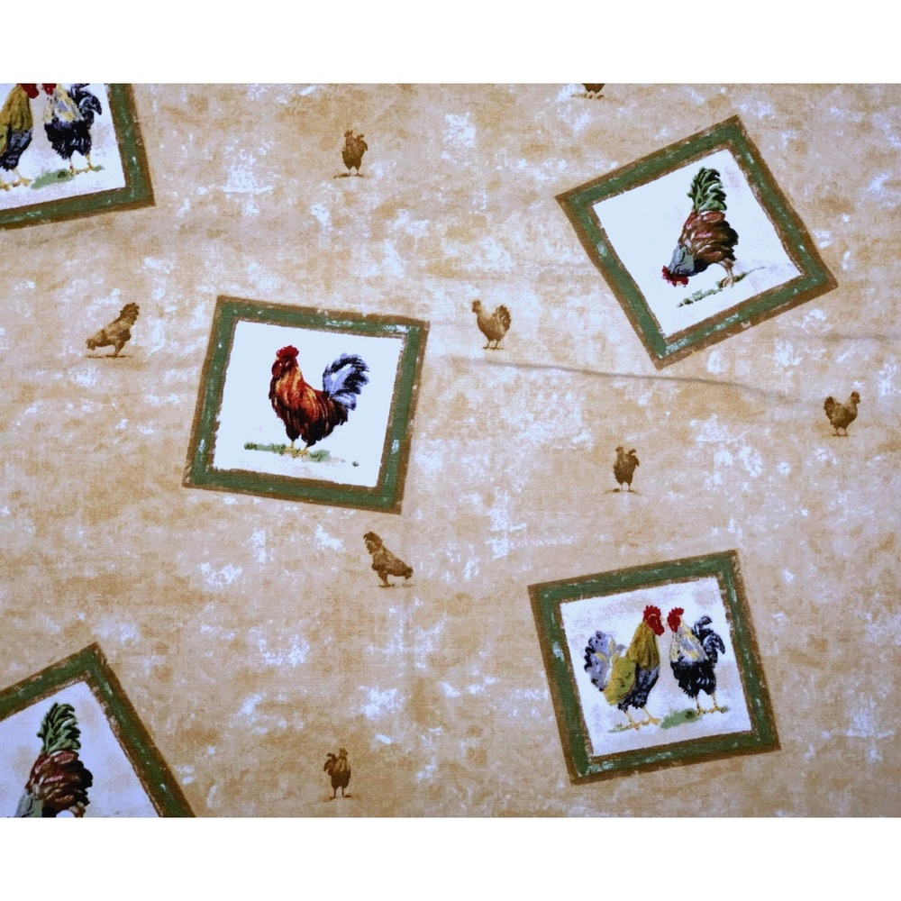 Rooster & Chicken Farmhouse Postcard Print Cotton Tablecloth 54x48  Vtg 90s